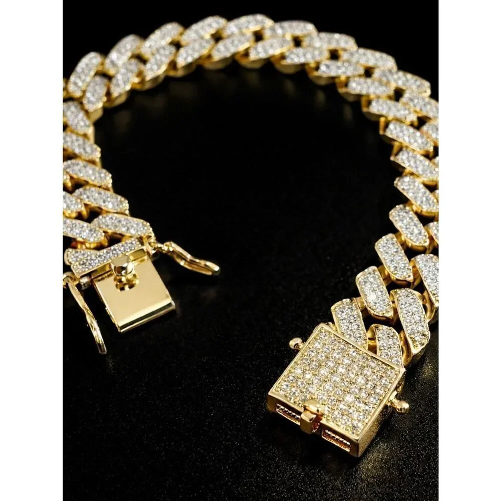 Gold Prong Set Cuban Link Bracelet